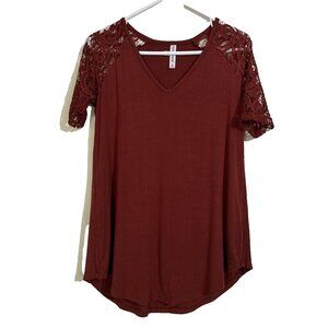 Zenana Signature Red Blouse Dress Shirt Tunic Top Lace Short Sleeve Medium